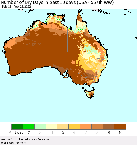 Australia Number of Dry Days in past 10 days (USAF 557th WW) Thematic Map For 2/21/2022 - 2/25/2022