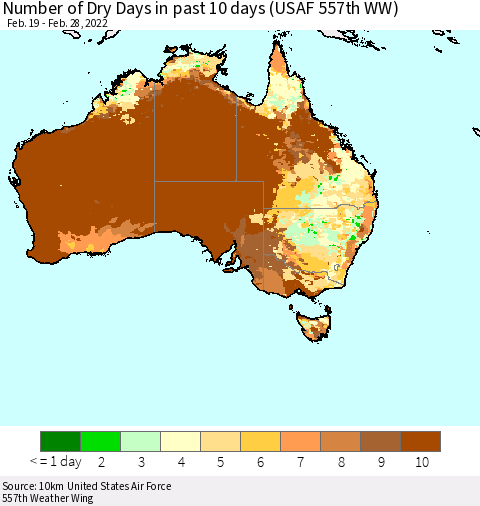 Australia Number of Dry Days in past 10 days (USAF 557th WW) Thematic Map For 2/26/2022 - 2/28/2022
