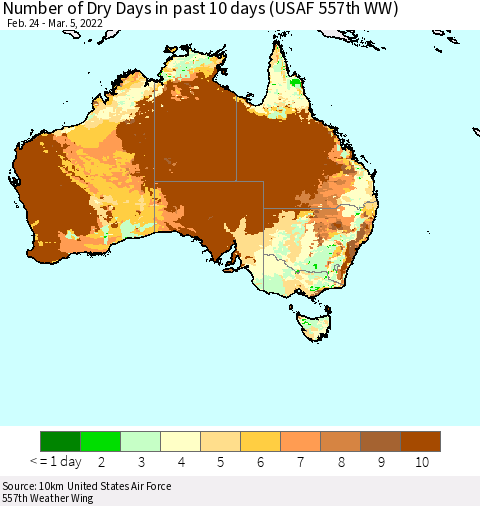 Australia Number of Dry Days in past 10 days (USAF 557th WW) Thematic Map For 3/1/2022 - 3/5/2022