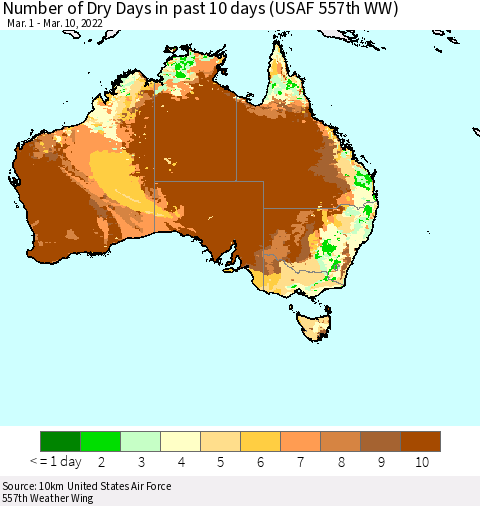 Australia Number of Dry Days in past 10 days (USAF 557th WW) Thematic Map For 3/6/2022 - 3/10/2022