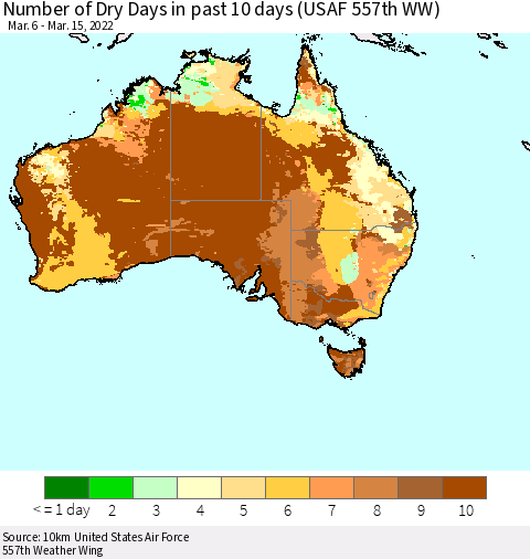 Australia Number of Dry Days in past 10 days (USAF 557th WW) Thematic Map For 3/11/2022 - 3/15/2022