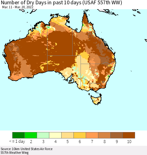 Australia Number of Dry Days in past 10 days (USAF 557th WW) Thematic Map For 3/16/2022 - 3/20/2022