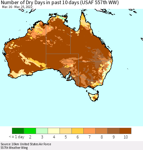 Australia Number of Dry Days in past 10 days (USAF 557th WW) Thematic Map For 3/21/2022 - 3/25/2022