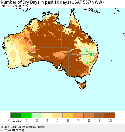 Australia Number of Dry Days in past 10 days (USAF 557th WW) Thematic Map For 3/26/2022 - 3/31/2022