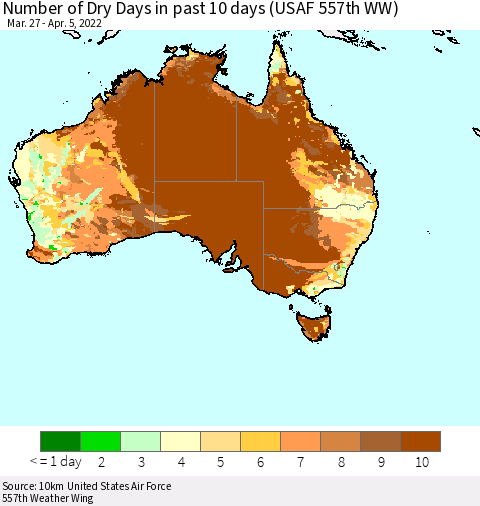 Australia Number of Dry Days in past 10 days (USAF 557th WW) Thematic Map For 4/1/2022 - 4/5/2022