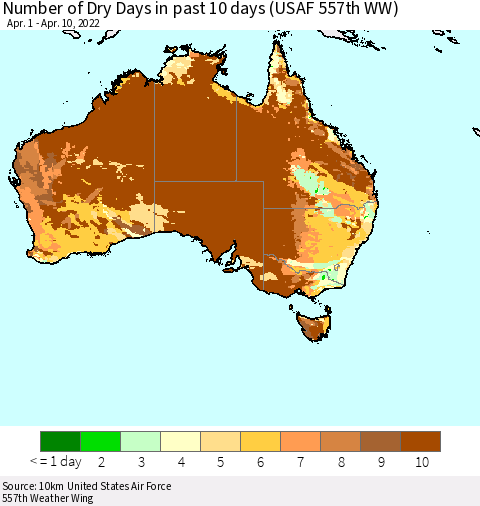 Australia Number of Dry Days in past 10 days (USAF 557th WW) Thematic Map For 4/6/2022 - 4/10/2022