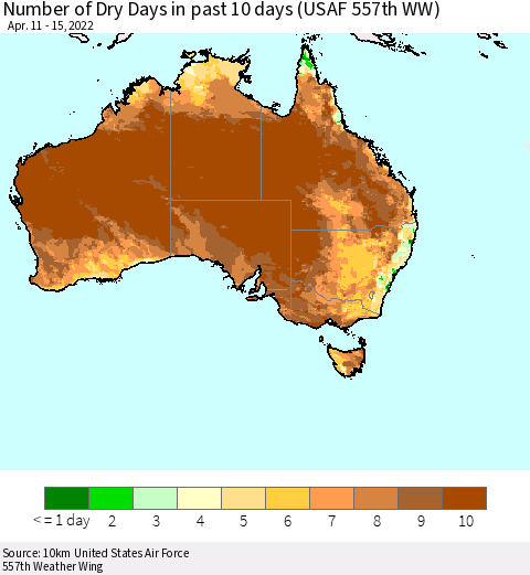Australia Number of Dry Days in past 10 days (USAF 557th WW) Thematic Map For 4/11/2022 - 4/15/2022