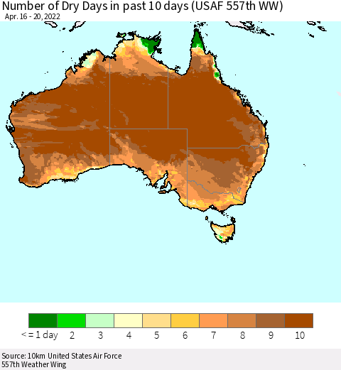 Australia Number of Dry Days in past 10 days (USAF 557th WW) Thematic Map For 4/16/2022 - 4/20/2022
