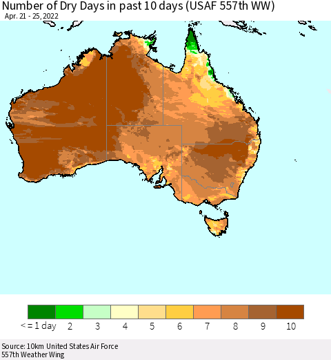 Australia Number of Dry Days in past 10 days (USAF 557th WW) Thematic Map For 4/21/2022 - 4/25/2022