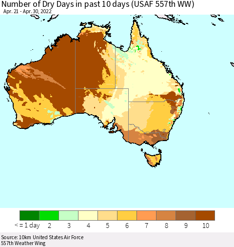 Australia Number of Dry Days in past 10 days (USAF 557th WW) Thematic Map For 4/26/2022 - 4/30/2022