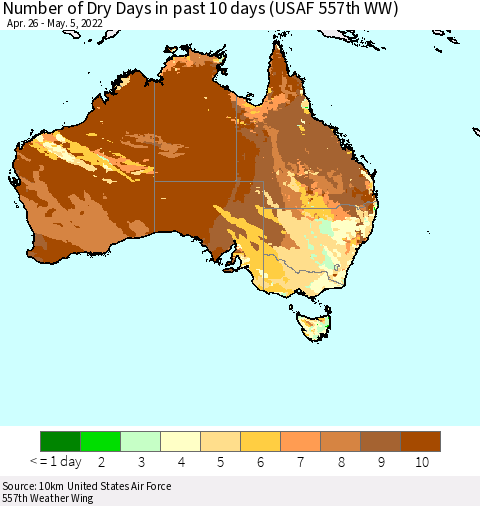 Australia Number of Dry Days in past 10 days (USAF 557th WW) Thematic Map For 5/1/2022 - 5/5/2022