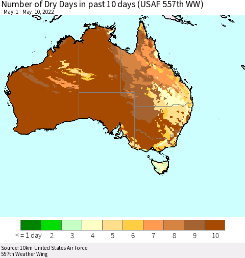 Australia Number of Dry Days in past 10 days (USAF 557th WW) Thematic Map For 5/6/2022 - 5/10/2022