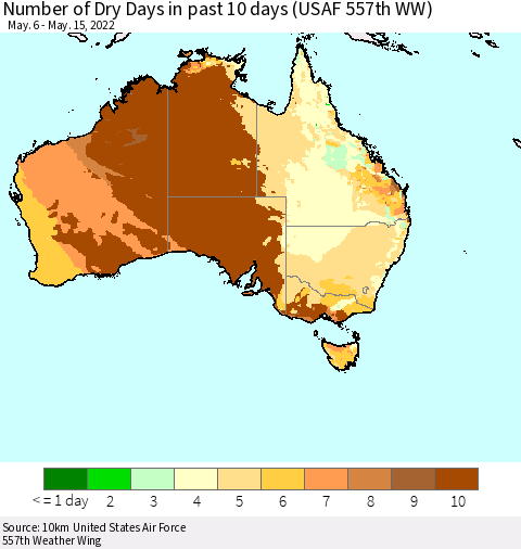 Australia Number of Dry Days in past 10 days (USAF 557th WW) Thematic Map For 5/11/2022 - 5/15/2022