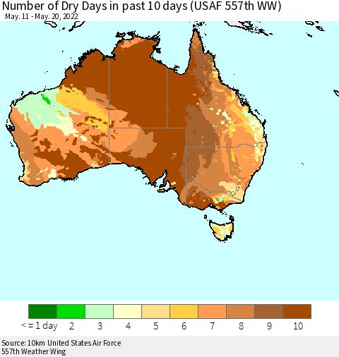 Australia Number of Dry Days in past 10 days (USAF 557th WW) Thematic Map For 5/16/2022 - 5/20/2022