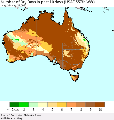 Australia Number of Dry Days in past 10 days (USAF 557th WW) Thematic Map For 5/21/2022 - 5/25/2022