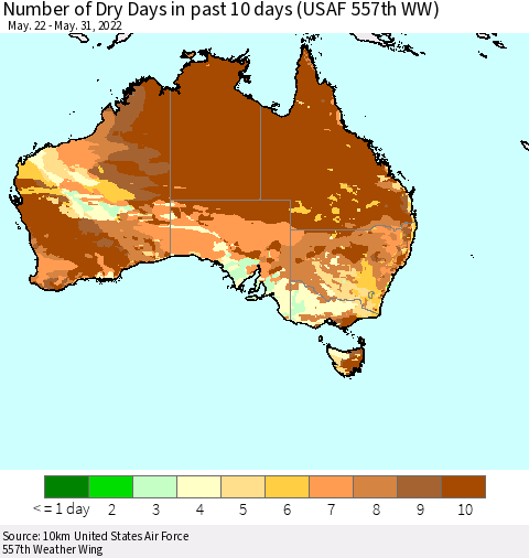Australia Number of Dry Days in past 10 days (USAF 557th WW) Thematic Map For 5/26/2022 - 5/31/2022