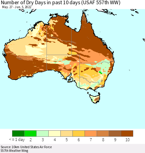 Australia Number of Dry Days in past 10 days (USAF 557th WW) Thematic Map For 6/1/2022 - 6/5/2022