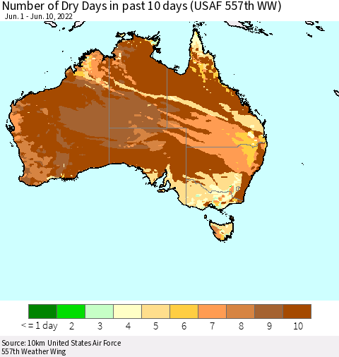 Australia Number of Dry Days in past 10 days (USAF 557th WW) Thematic Map For 6/6/2022 - 6/10/2022