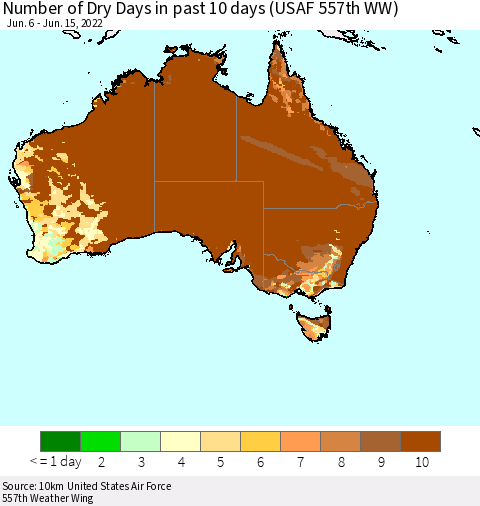 Australia Number of Dry Days in past 10 days (USAF 557th WW) Thematic Map For 6/11/2022 - 6/15/2022