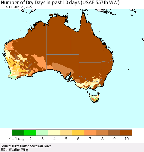Australia Number of Dry Days in past 10 days (USAF 557th WW) Thematic Map For 6/16/2022 - 6/20/2022