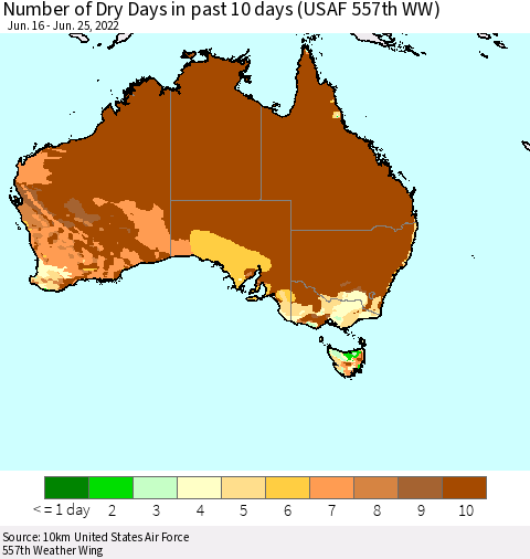 Australia Number of Dry Days in past 10 days (USAF 557th WW) Thematic Map For 6/21/2022 - 6/25/2022