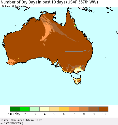 Australia Number of Dry Days in past 10 days (USAF 557th WW) Thematic Map For 6/26/2022 - 6/30/2022