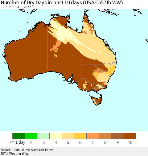 Australia Number of Dry Days in past 10 days (USAF 557th WW) Thematic Map For 7/1/2022 - 7/5/2022