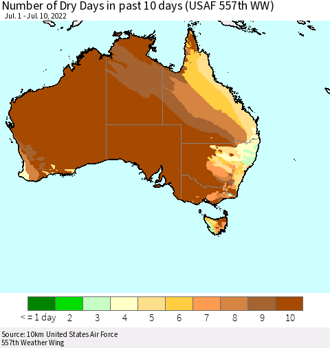 Australia Number of Dry Days in past 10 days (USAF 557th WW) Thematic Map For 7/6/2022 - 7/10/2022