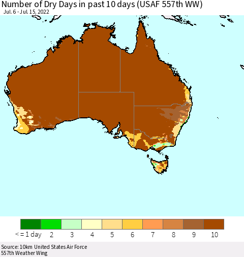 Australia Number of Dry Days in past 10 days (USAF 557th WW) Thematic Map For 7/11/2022 - 7/15/2022