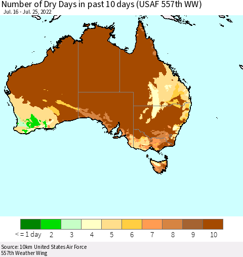 Australia Number of Dry Days in past 10 days (USAF 557th WW) Thematic Map For 7/21/2022 - 7/25/2022