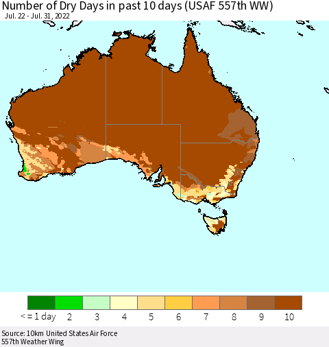 Australia Number of Dry Days in past 10 days (USAF 557th WW) Thematic Map For 7/26/2022 - 7/31/2022