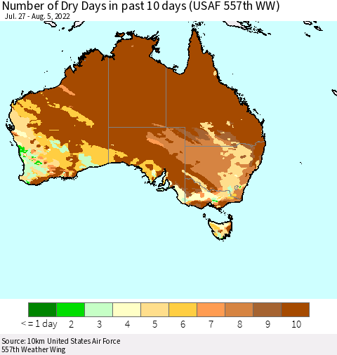 Australia Number of Dry Days in past 10 days (USAF 557th WW) Thematic Map For 8/1/2022 - 8/5/2022