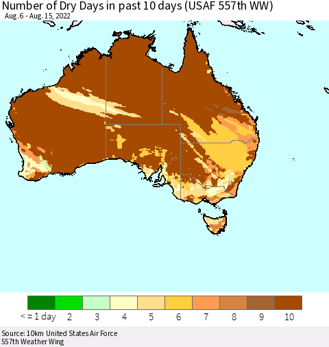 Australia Number of Dry Days in past 10 days (USAF 557th WW) Thematic Map For 8/11/2022 - 8/15/2022