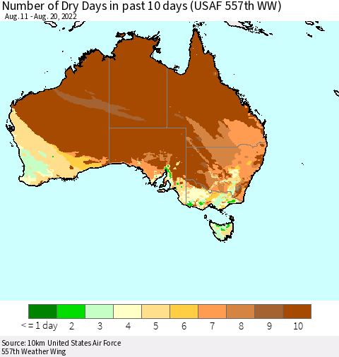 Australia Number of Dry Days in past 10 days (USAF 557th WW) Thematic Map For 8/16/2022 - 8/20/2022