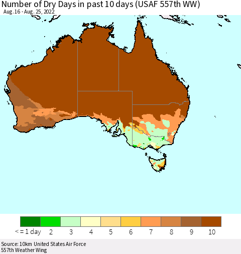 Australia Number of Dry Days in past 10 days (USAF 557th WW) Thematic Map For 8/21/2022 - 8/25/2022