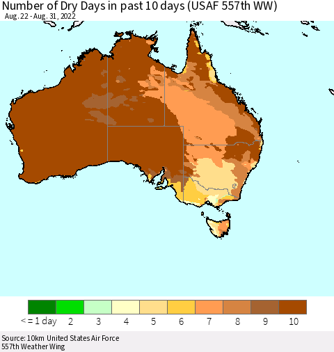 Australia Number of Dry Days in past 10 days (USAF 557th WW) Thematic Map For 8/26/2022 - 8/31/2022