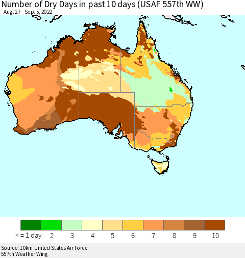 Australia Number of Dry Days in past 10 days (USAF 557th WW) Thematic Map For 9/1/2022 - 9/5/2022