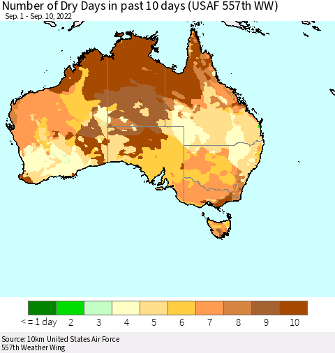 Australia Number of Dry Days in past 10 days (USAF 557th WW) Thematic Map For 9/6/2022 - 9/10/2022