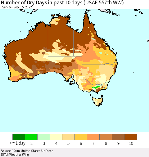Australia Number of Dry Days in past 10 days (USAF 557th WW) Thematic Map For 9/11/2022 - 9/15/2022
