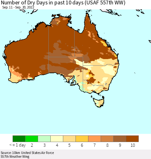 Australia Number of Dry Days in past 10 days (USAF 557th WW) Thematic Map For 9/16/2022 - 9/20/2022