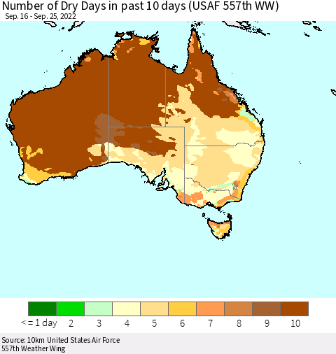 Australia Number of Dry Days in past 10 days (USAF 557th WW) Thematic Map For 9/21/2022 - 9/25/2022