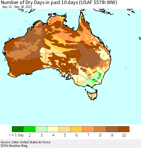 Australia Number of Dry Days in past 10 days (USAF 557th WW) Thematic Map For 9/26/2022 - 9/30/2022