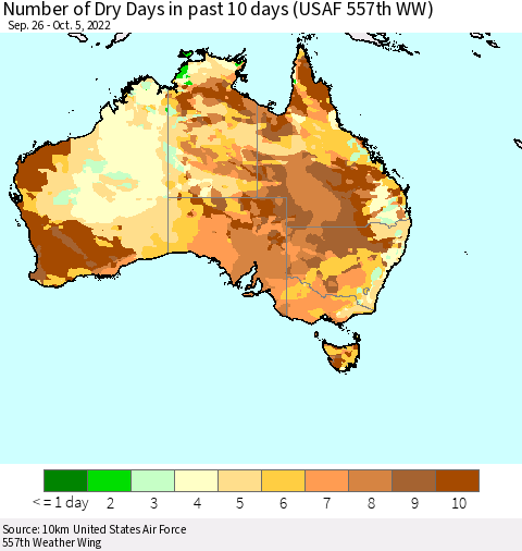 Australia Number of Dry Days in past 10 days (USAF 557th WW) Thematic Map For 10/1/2022 - 10/5/2022