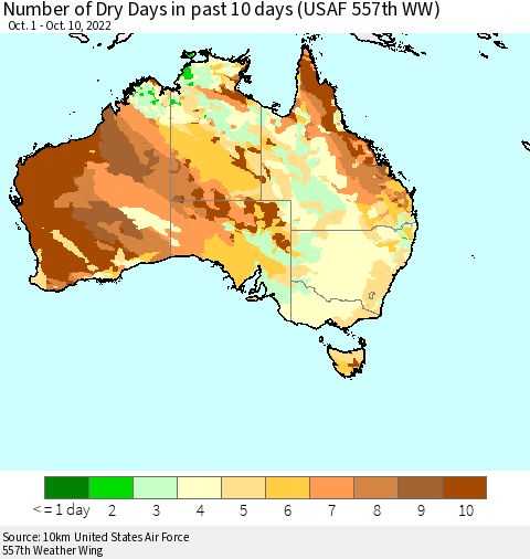 Australia Number of Dry Days in past 10 days (USAF 557th WW) Thematic Map For 10/6/2022 - 10/10/2022