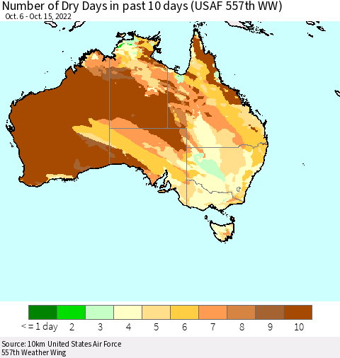 Australia Number of Dry Days in past 10 days (USAF 557th WW) Thematic Map For 10/11/2022 - 10/15/2022