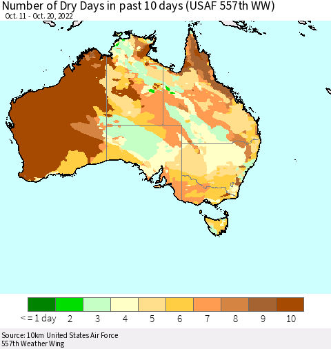Australia Number of Dry Days in past 10 days (USAF 557th WW) Thematic Map For 10/16/2022 - 10/20/2022