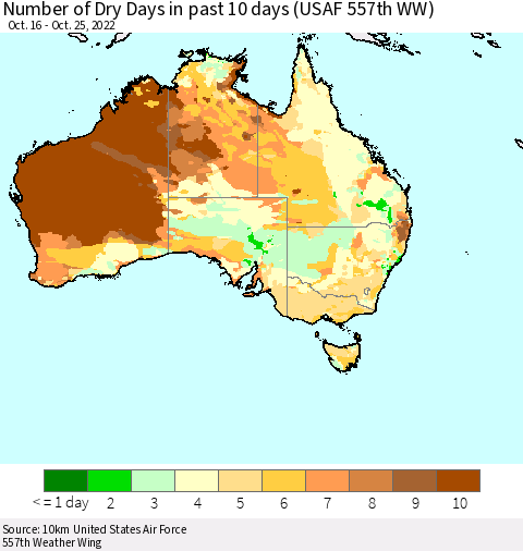 Australia Number of Dry Days in past 10 days (USAF 557th WW) Thematic Map For 10/21/2022 - 10/25/2022