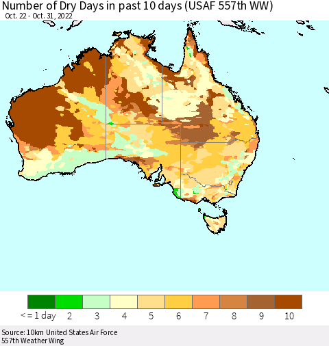 Australia Number of Dry Days in past 10 days (USAF 557th WW) Thematic Map For 10/26/2022 - 10/31/2022