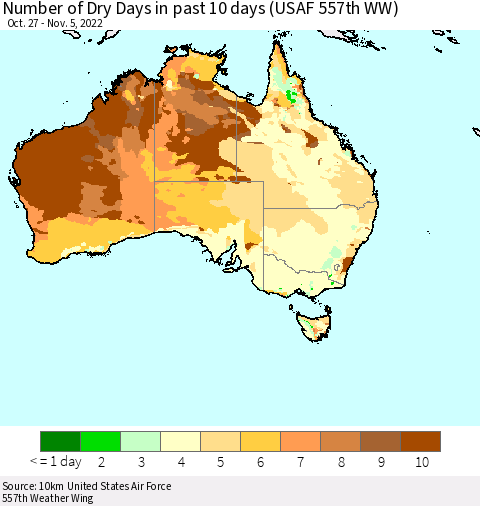 Australia Number of Dry Days in past 10 days (USAF 557th WW) Thematic Map For 11/1/2022 - 11/5/2022