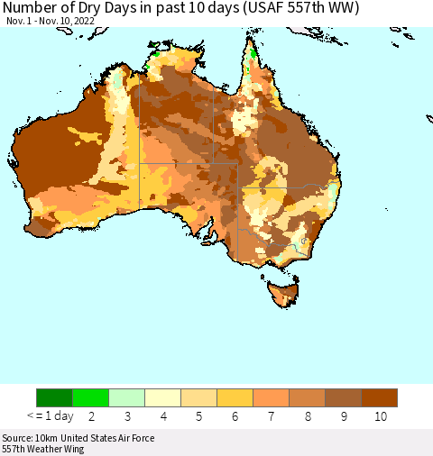 Australia Number of Dry Days in past 10 days (USAF 557th WW) Thematic Map For 11/6/2022 - 11/10/2022